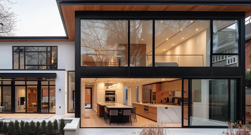 Modern rear and side home addition with large glass walls and warm interior lighting in Toronto