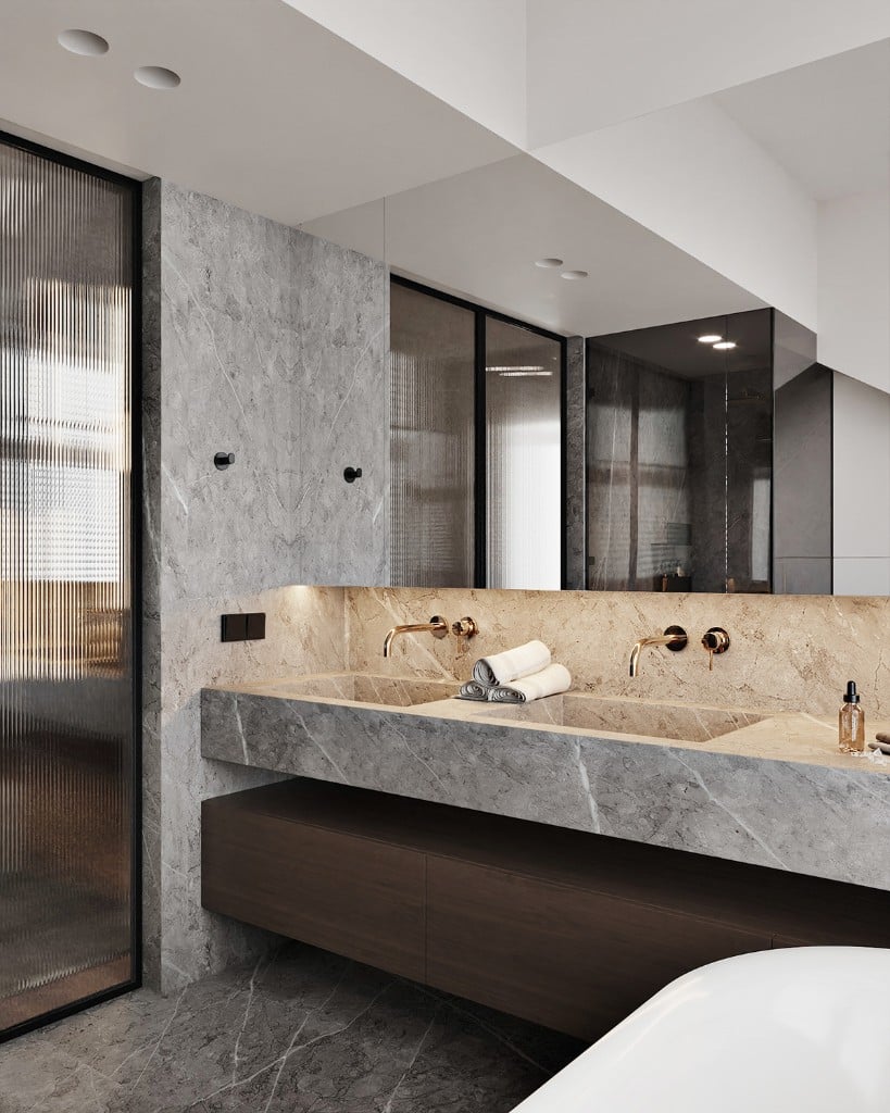 Modern bathroom with freestanding tub, glass shower and grey vanity in Toronto