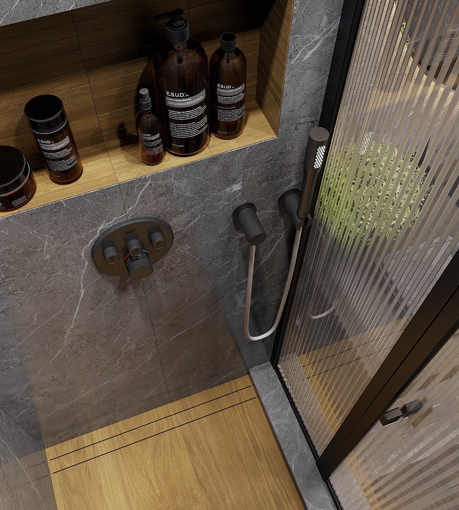 Contemporary shower renovation with dark marble tile and wood-accent niche in Toronto