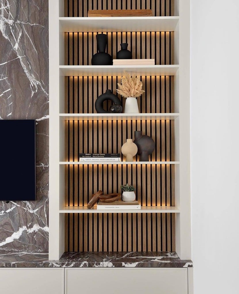 Built-in shelving with LED lighting in a Toronto home renovation