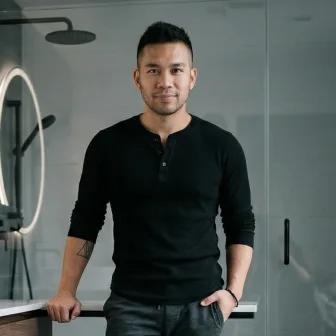 Robert L. in his renovated condo ensuite in Liberty Village, Toronto